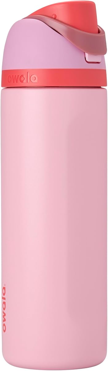 Botella de agua aislada de acero inoxidable Owala FreeSip con pajita para deportes y viajes, botella de agua deportiva sin BPA, 24 oz, rosa, pastel de comida de ángel