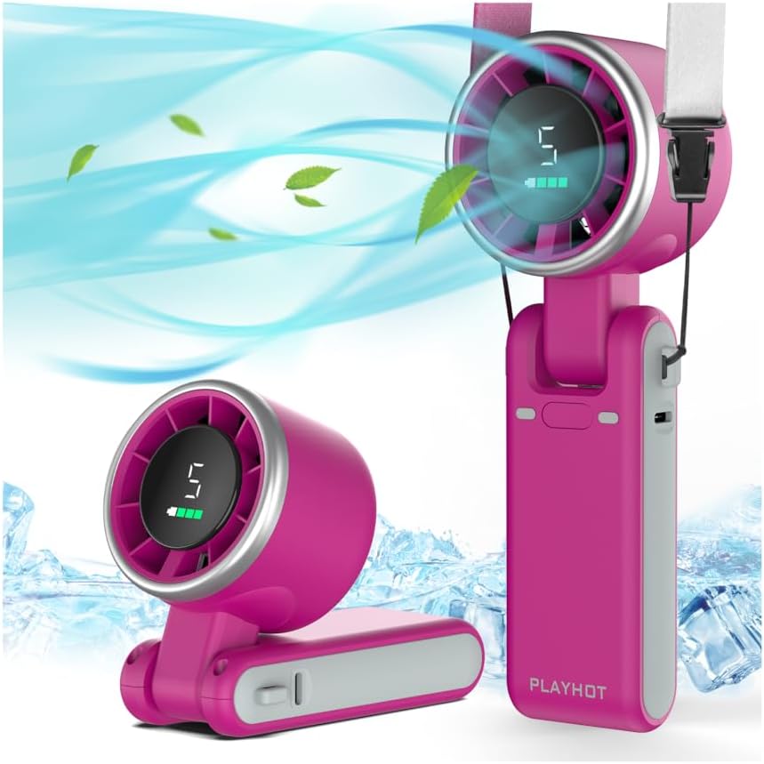 PlayHot - Ventilador turbo portátil de mano, esenciales de viaje, regalos para mujeres/hombres - 5-Speed, Up to 12H, 10m/s Airflow, USB-C Rechargeable, LED Display, 3-in-1 Foldable