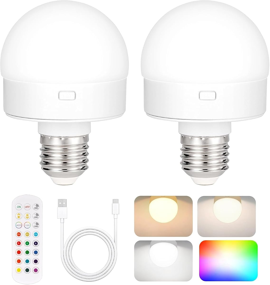 Bombilla de Luz Recargable Operada por Batería con Control Remoto 2 Paquetes, 350LM Bombilla LED Desmontable Regulable con 15 Colores Seleccionables y 3 Temporizador, Bombilla Inal