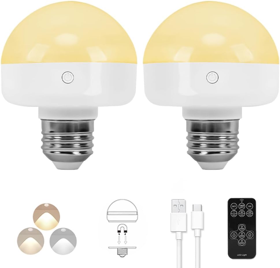BLUEYE Bombilla recargable con pilas, 2 paquetes, 300 lúmenes, equivalente a 40 W, carga desmontable E26 (E12 disponible), 4 temperaturas de color, lámpara de emergencia de disco d