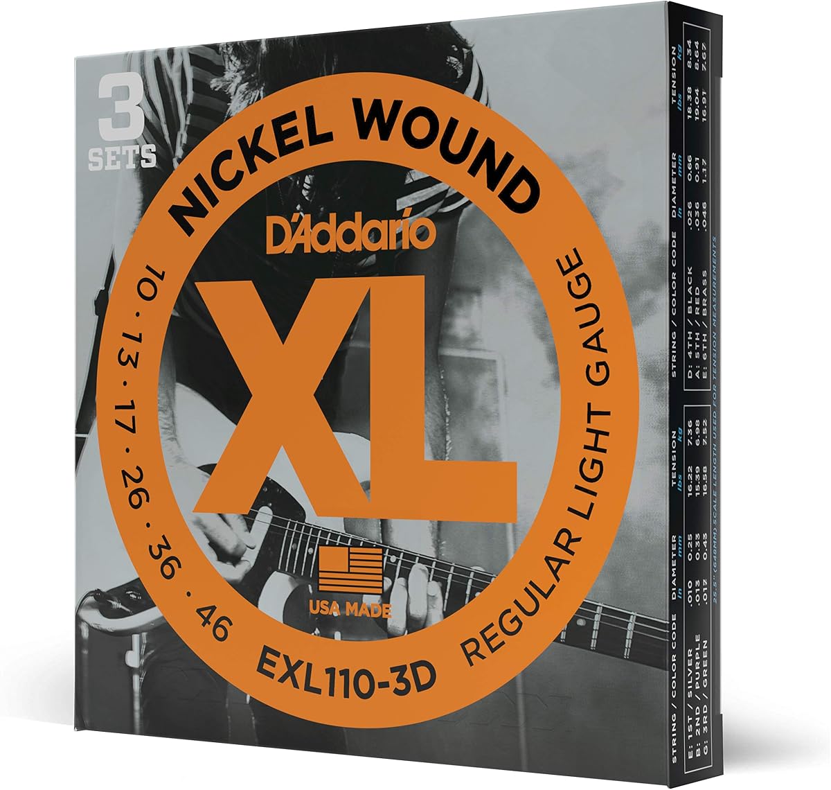 D'Addario XL EXL110-3D - Cuerdas de níquel para guitarra eléctrica de 6 cuerdas, entonación perfecta, sensación consistente, durabilidad fiable, calibre 10-46 Regular Light, paquet