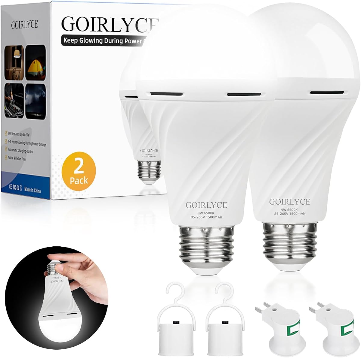 Bombillas de Luz Recargables de Emergencia, Bombilla de Luz Blanca Operada por Batería para Lámparas con 9W E27 6500K 1500mAh, Paquete de 2 Bombillas LED Equivalentes de Auto-Carga
