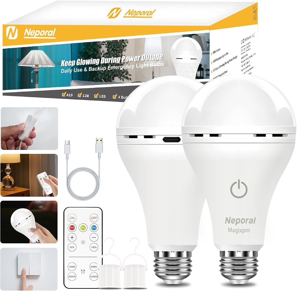 Bombillas LED Recargables con Control Remoto MagixPro, Carga USB y Enchufe, Batería de 1800mAh, Bombilla LED Regulable para Lámparas Cableadas y No Cableadas y Apliques, Control Tá