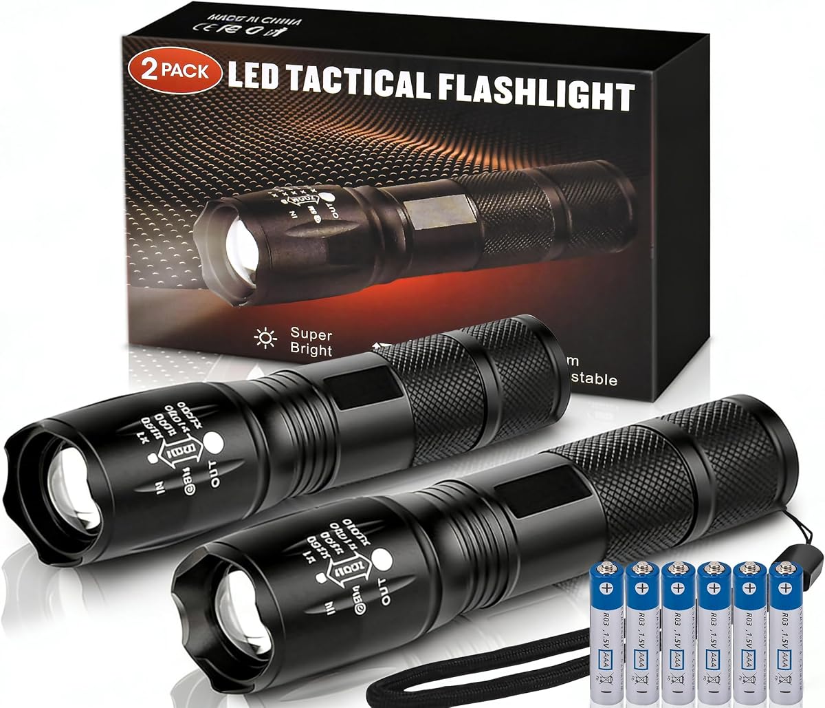 Linternas LED Zoomable con 5 modos, paquete de 2 rellenos de calcetines de Navidad, regalos de cumpleaños para hombres, él, papá, baterías incluidas, linterna táctica brillante, li