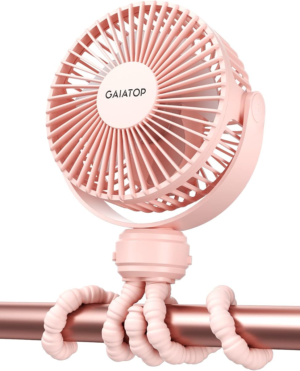 Gaiatop Mini Ventilador Portátil para Cochecito, Ventilador Pequeño de Clip Operado por Batería, Desmontable de 3 Velocidades Recargable Rotación 360° Trípode Flexible de Mano Vent
