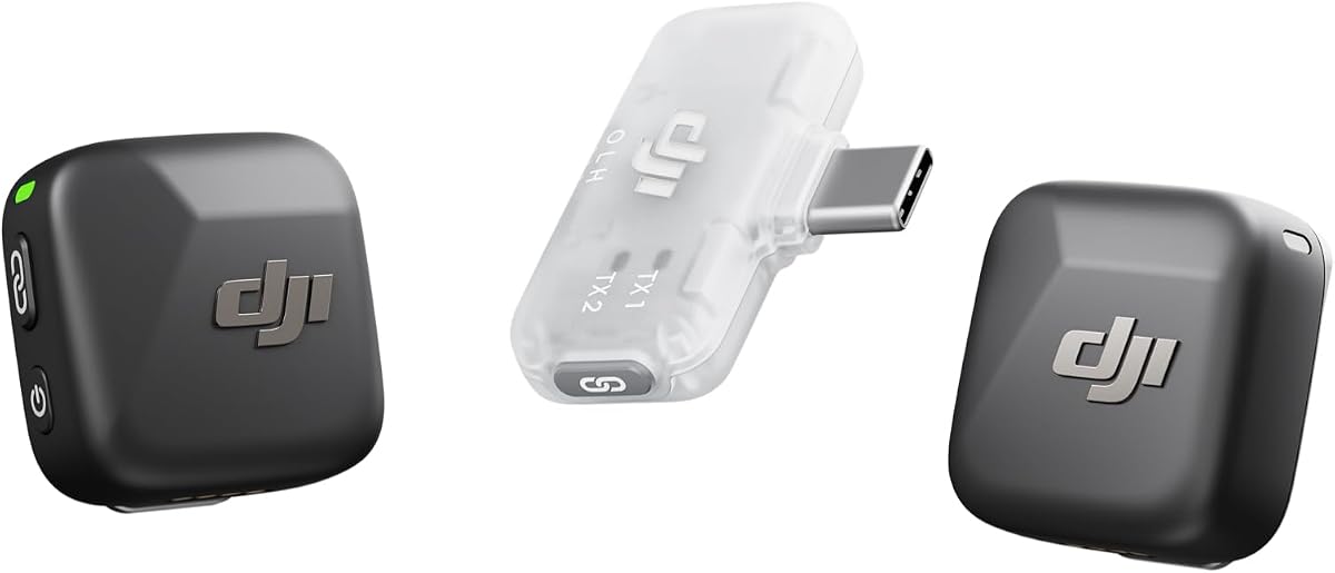 DJI Mic Mini (2 TX + 1 Mobile RX), micrófono inalámbrico Lavalier para iPhone 17/16/15 y Android/PC/Tablet, Plug-and-Play, transmisión de 984.3 ft, ultraligero, cancelación activa