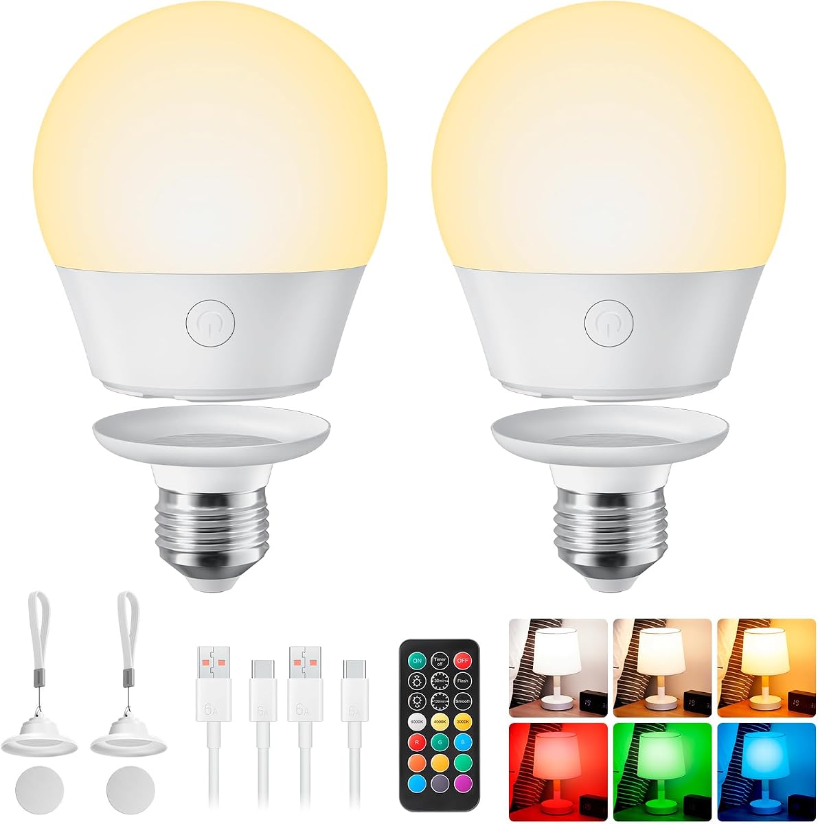 Brightown E26 Bombilla recargable con control remoto y temporizador, bombilla con batería de respaldo para apliques y lámparas, bombillas magnéticas para accesorios no cableados, 3
