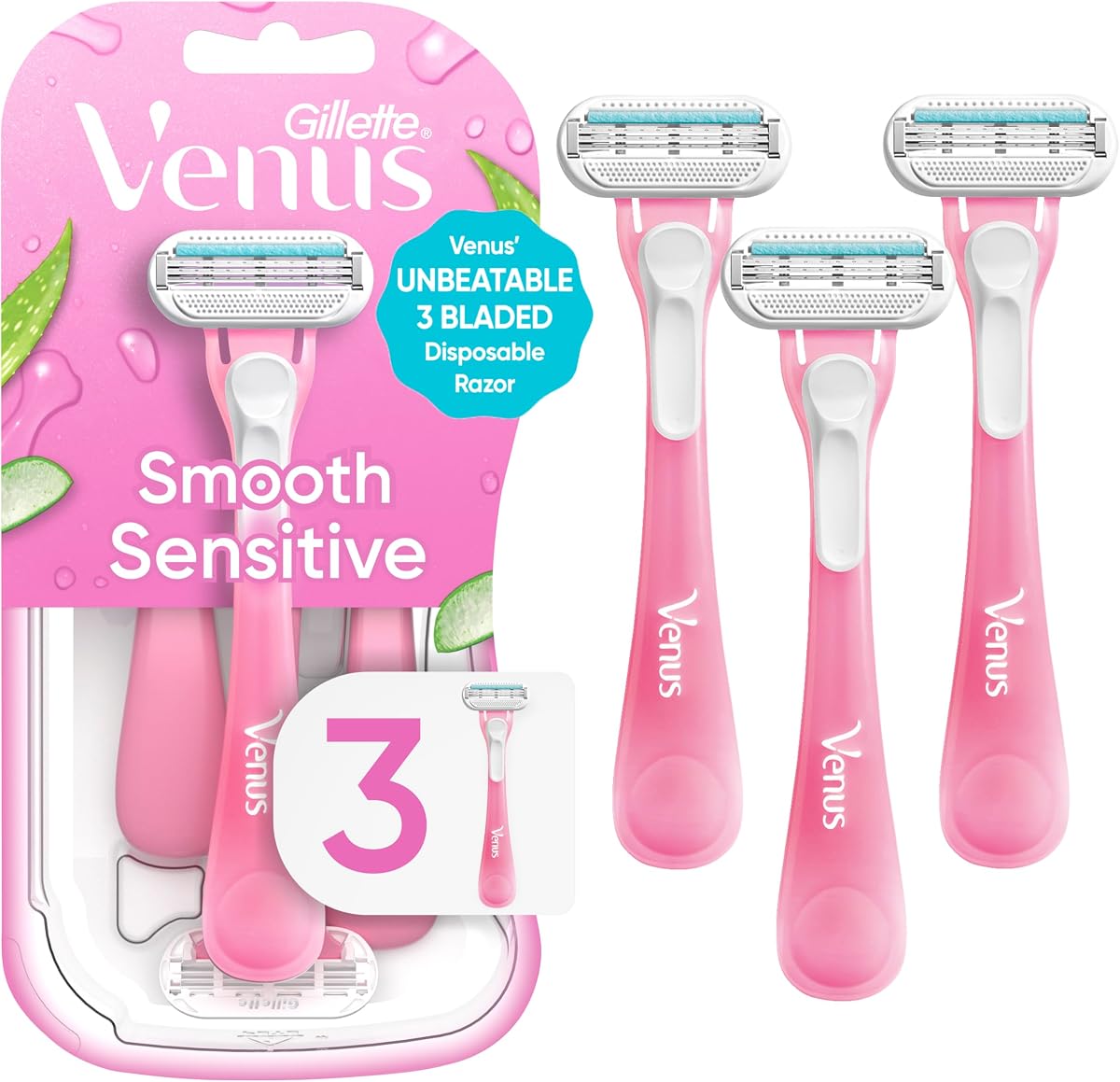 Gillette Venus Sensitive - Maquinillas de afeitar desechables para mujer, paquete individual de 3 maquinillas de afeitar