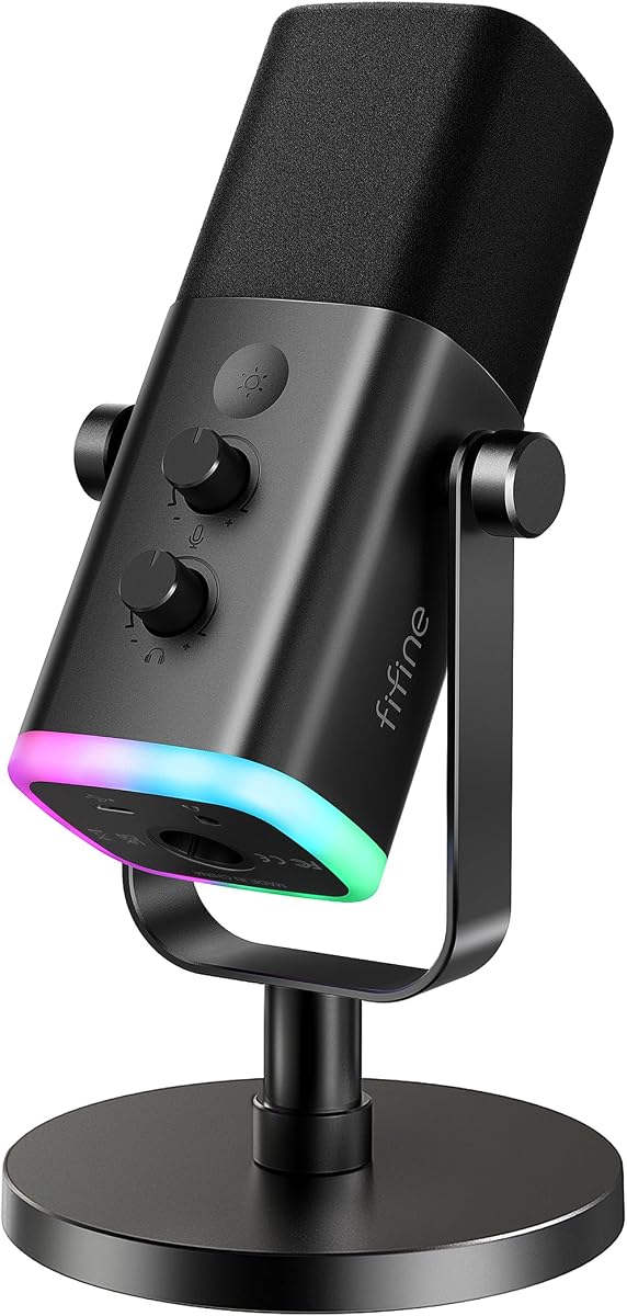 FIFINE - Micrófono dinámico XLR/USB para podcasts, de transmisión de juegos con luz RGB, botón de silencio, conector para auriculares, soporte de escritorio, para cantar YouTube-Am