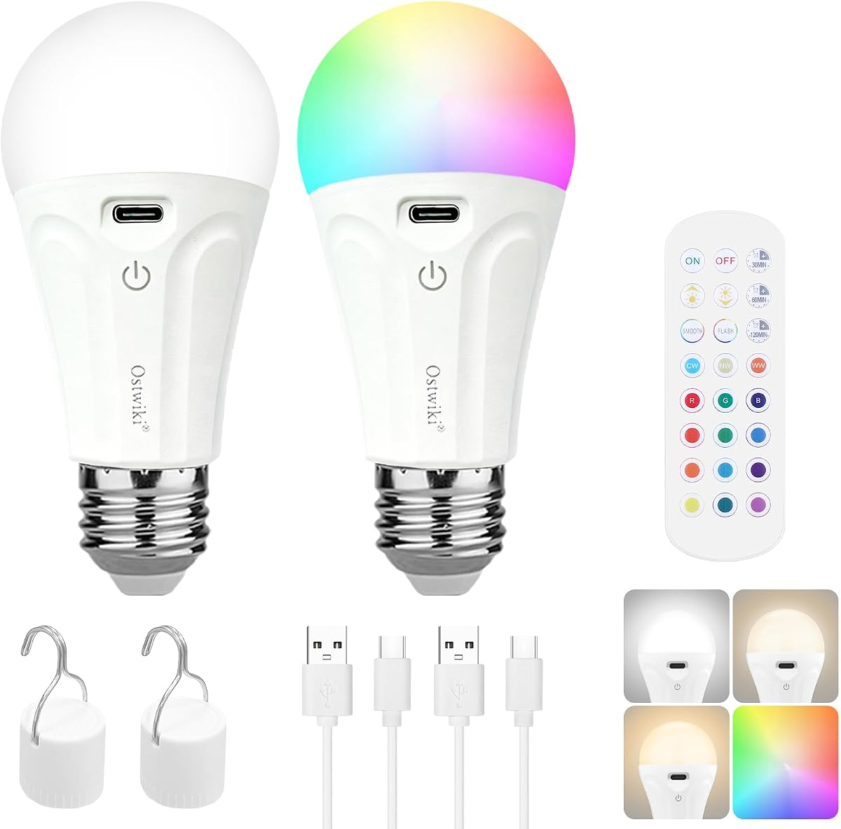 Paquete de 2 bombillas recargables con control remoto, bombillas LED regulables que funcionan con pilas para lámparas y apliques, bombilla de emergencia inalámbrica A19 E26