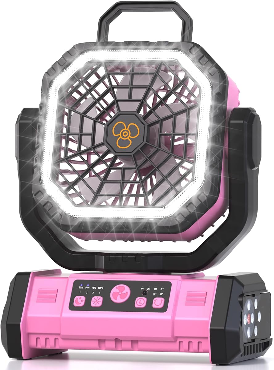 Honesorn Ventilador portátil recargable de 20000 mAh, ventilador de campamento con luz LED y control remoto, USB C inalámbrico alimentado por batería, temporizador de 4 velocidades