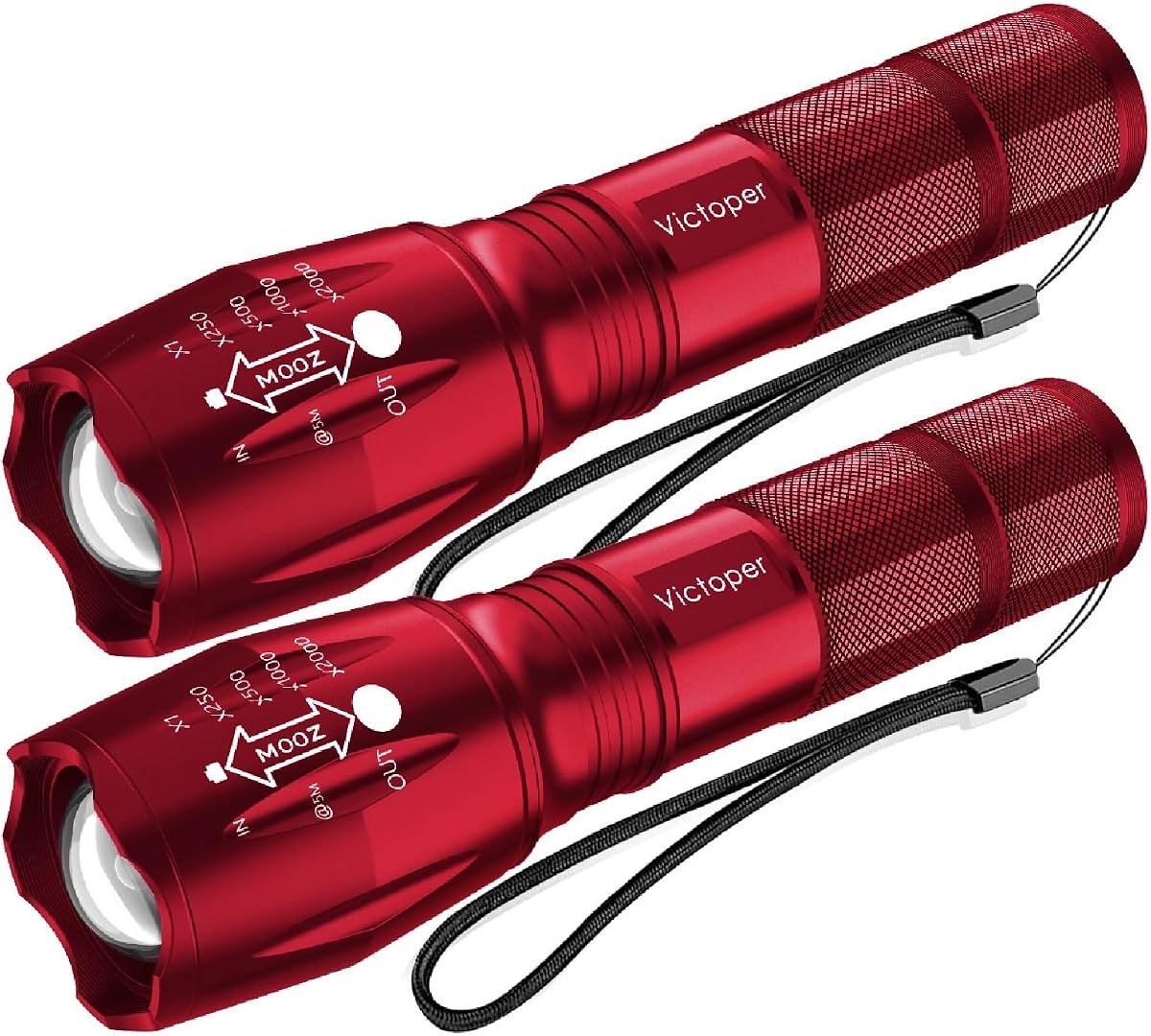 Victoper Paquete de 2 linternas LED rojas, brillantes y de alto lúmenes, linternas tácticas de alto lúmenes con 5 modos, luz de flash impermeable con zoom para exteriores, regalos