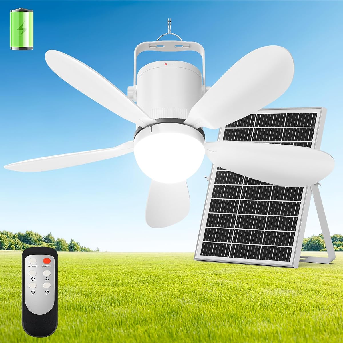 Ventilador de techo solar de 21 pulgadas, ventilador de glorieta de 35 W con control remoto, ventilador de campamento portátil recargable con batería exterior, para tienda de campa