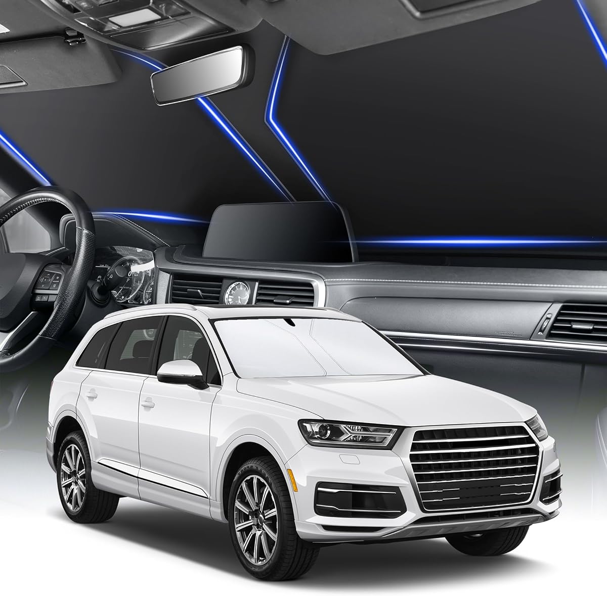 SINGARO Parasol universal 300T para parabrisas de automóvil, plegable, reflectante para parabrisas y ventanas, con diseño superpuesto, accesorios para el interior del automóvil (55