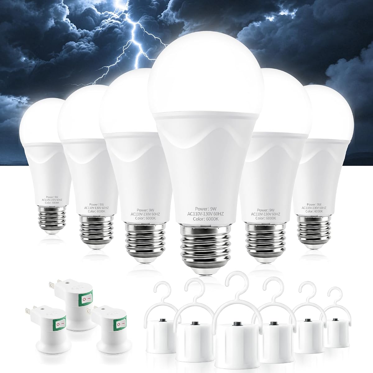 Brightever Paquete de 6 bombillas de emergencia recargables, funciona con pilas, para corte de energía, luz blanca diurna de 6000 K, 120 V, 9 W, equivalente a 60 W, bombilla LED