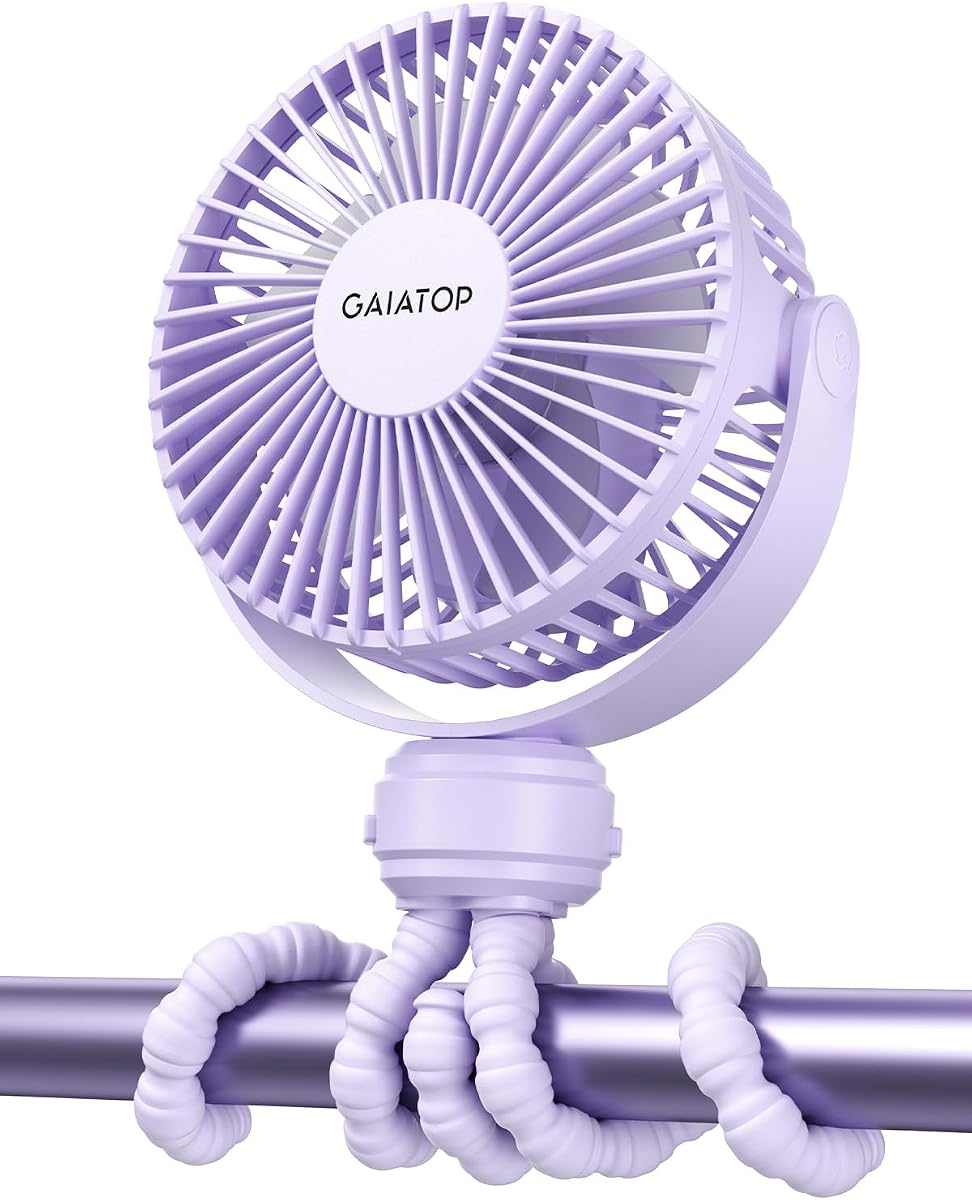 Gaiatop Ventilador Eléctrico Mini con Rotación de 360, Espaciados de 5.5mm, Batería Recargable, 3 Velocidades, Púrpura - Battery Operated Detachable, 3 Speed Rechargeable, 360° Rot