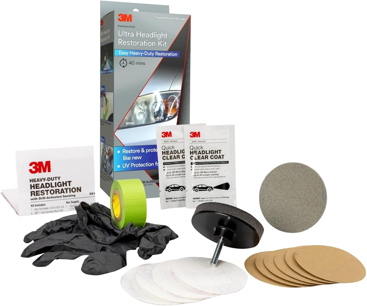 3M Kit de restauración de faros delanteros, contiene cinta adhesiva, discos de lijado ligeros, protector de cera y más, uso en lentes de plástico, faros traseros y más, restauració