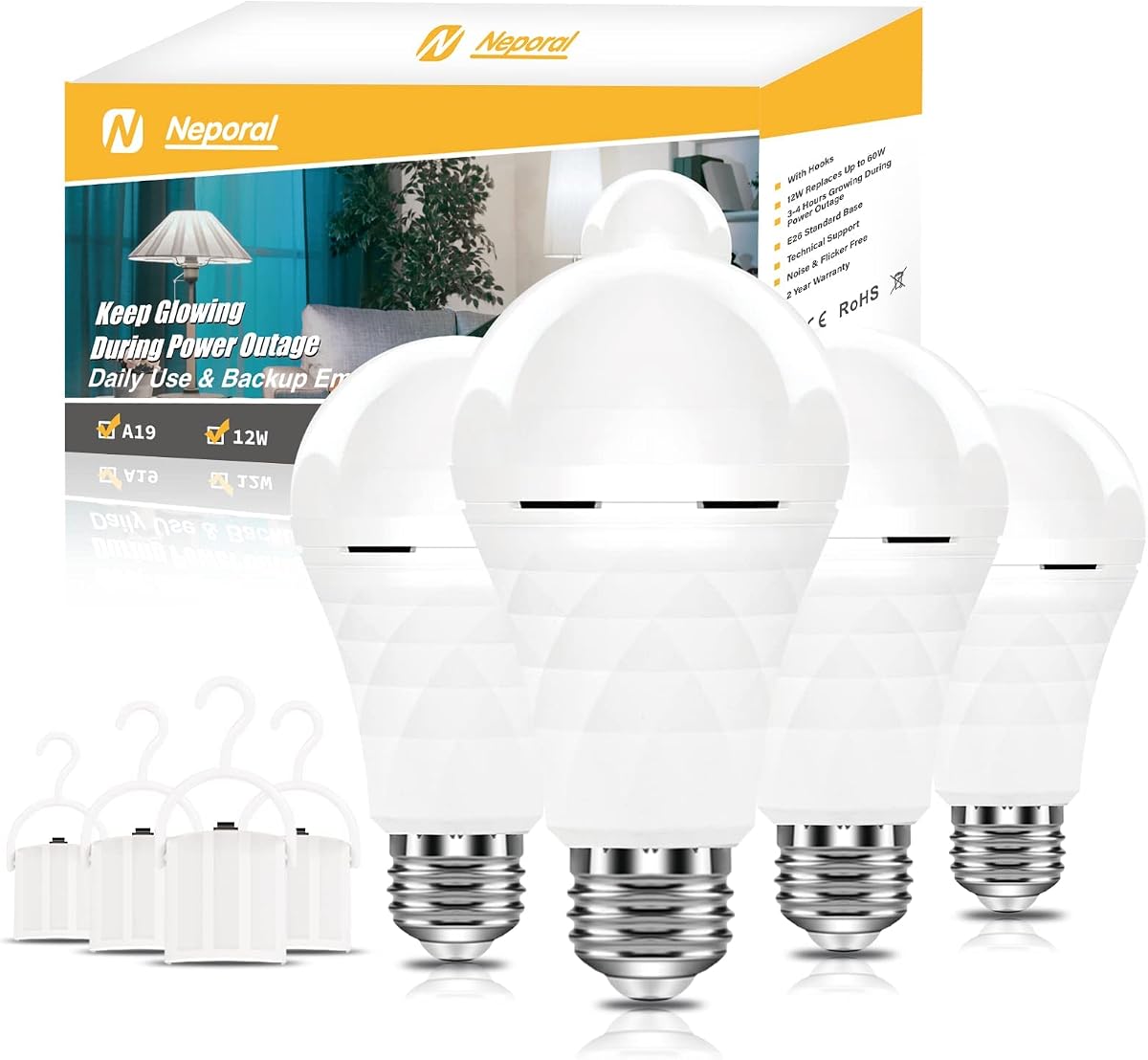 Neporal Bombillas Recargables A19 de Emergencia para Cortes de Energía, Bombilla LED Equivalente a 60 Vatios, Bombilla de Luz de Autocarga 1200mAh, Bombillas de Respaldo de Batería