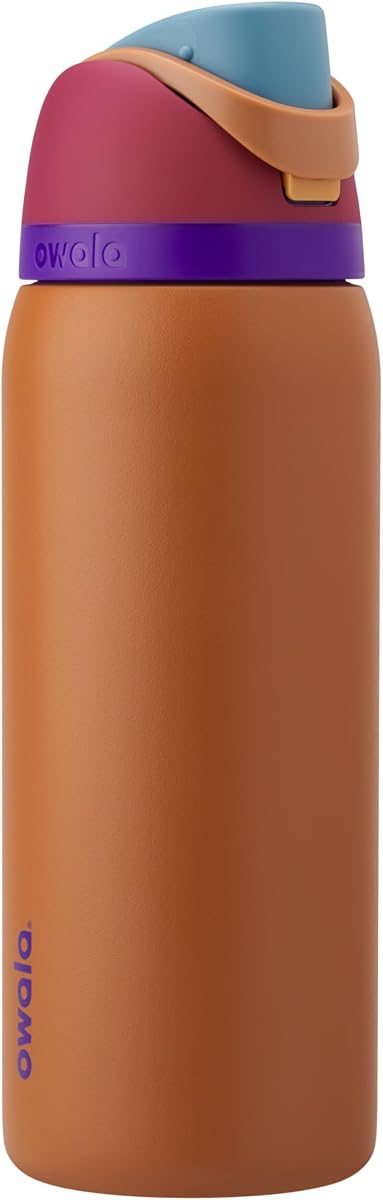 Owala FreeSip - Botella de agua aislada de acero inoxidable con popote para deportes y viajes, sin BPA, 32 onzas, ciruela/marrón (brillo ámbar)