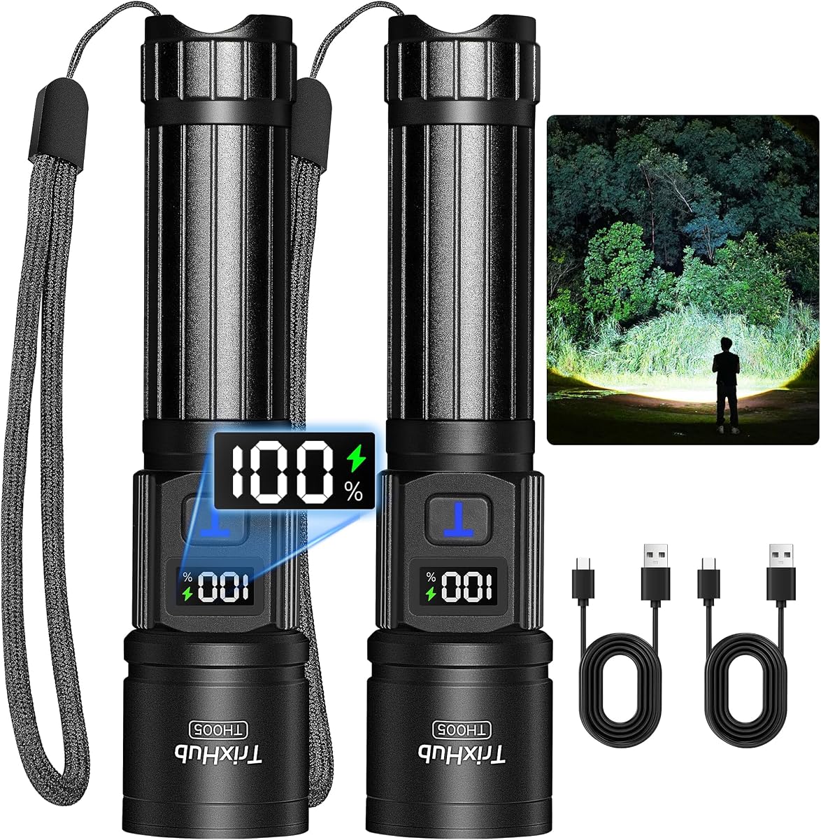 TrixHub Linternas Recargables Paquete de 2, Linterna Super Brillante de Altos Lúmenes, 5 Modos con Zoom Linternas con Pantalla Digital LCD, Potentes Linternas LED de Mano para Emer