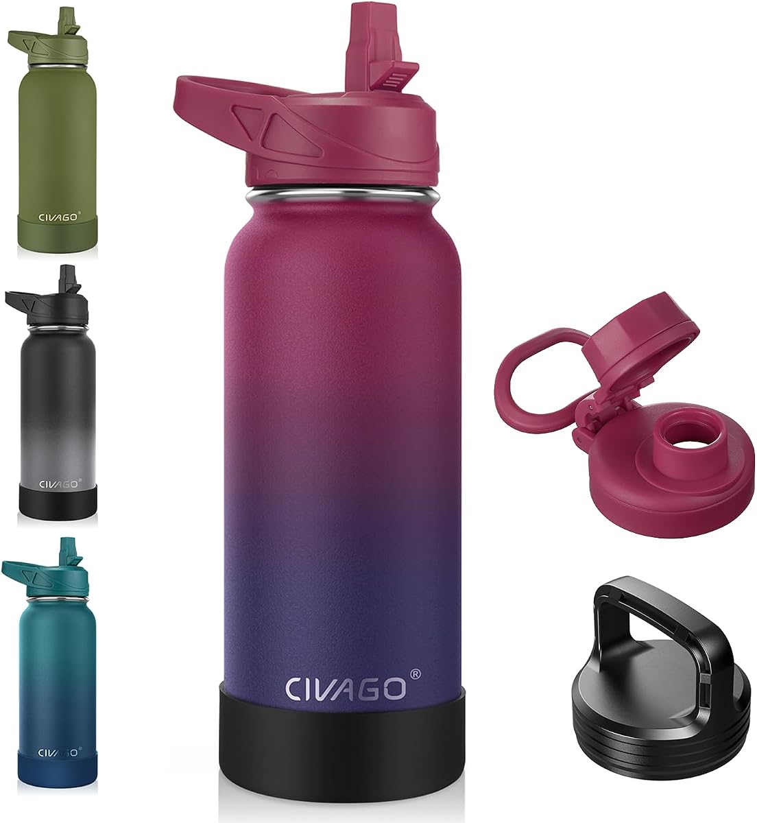 CIVAGO Botella de agua aislada de 32 onzas con pajilla, frasco de agua deportiva de acero inoxidable con 3 tapas (pajilla, boquilla y tapa de asa), taza térmica de viaje de boca an