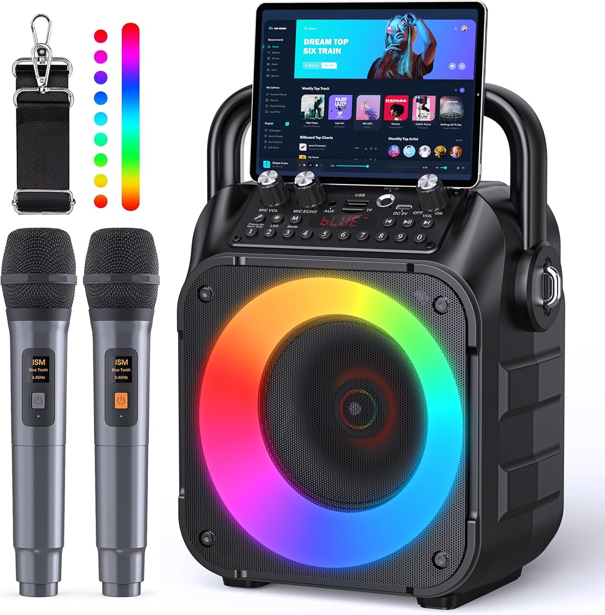 Máquina de karaoke, altavoz Bluetooth portátil con 2 micrófonos inalámbricos para adultos y niños con luces, micrófono de karaoke con sistema PA compatible con USB/TF/FM/AUX para p