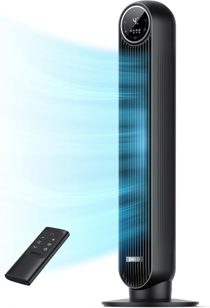 Ventilador de torre Dreo para dormitorio, ventilador silencioso de 25 pies/s, ventiladores oscilantes de 90° para interiores con 4 velocidades, 4 modos, temporizador de 8H, ventila