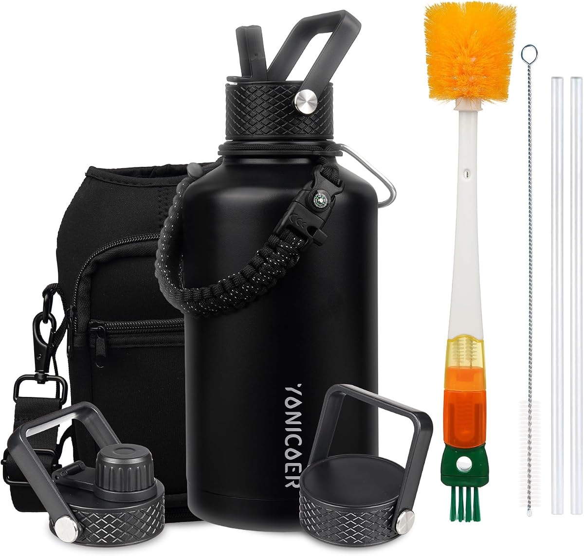Botella de agua aislada de 64 onzas, de acero inoxidable al vacío de triple pared (apta para lavavajillas), a prueba de fugas y sin BPA, jarra tipo frasco con mango de paracord y t
