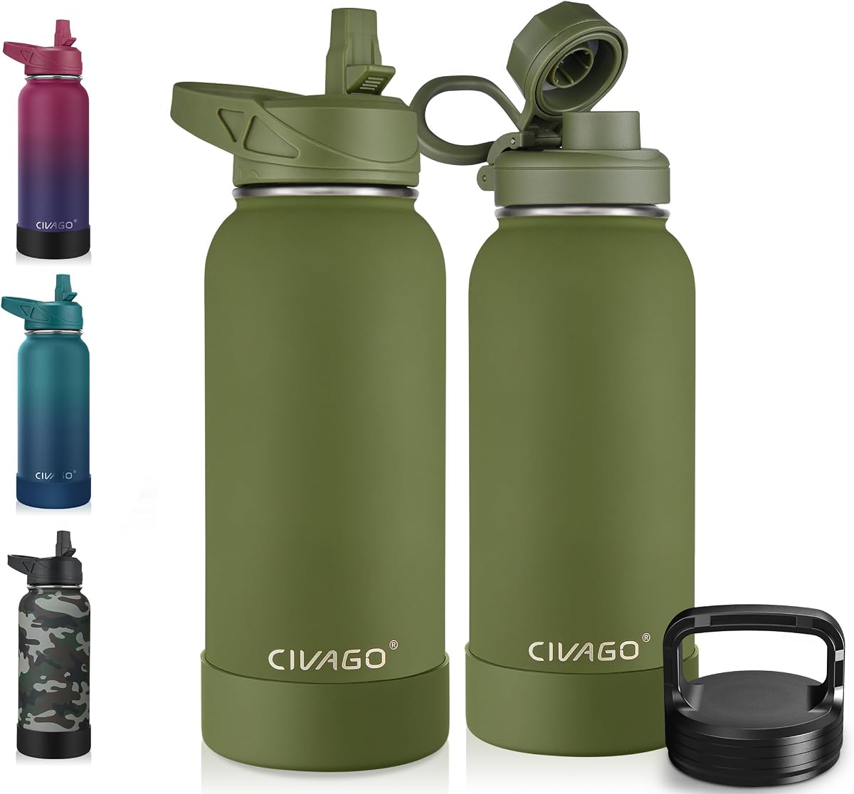 CIVAGO Botella de agua aislada de 32 onzas con pajita, frasco de agua deportiva de acero inoxidable con 3 tapas (pajita, boquilla y tapa con asa), taza térmica de viaje de boca anc