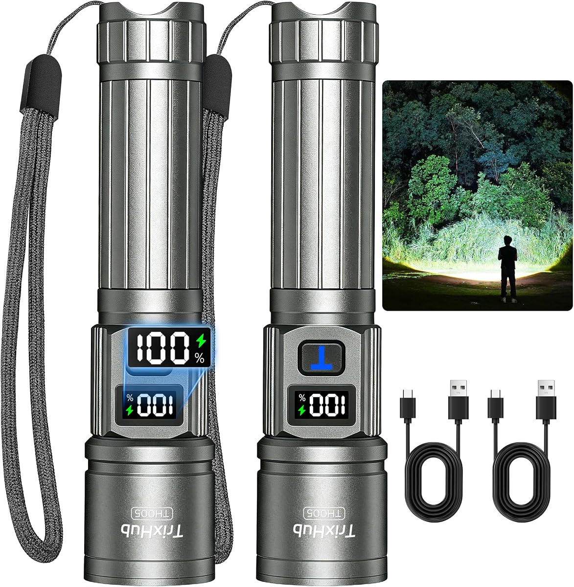 TrixHub Rechargeable Flashlights 2 Pack, Super Bright High Lumens Flash Light, 5 Modes Zoomable Linternas with LCD Digital Display, Powerful Handheld LED Flashlights for Home Campi