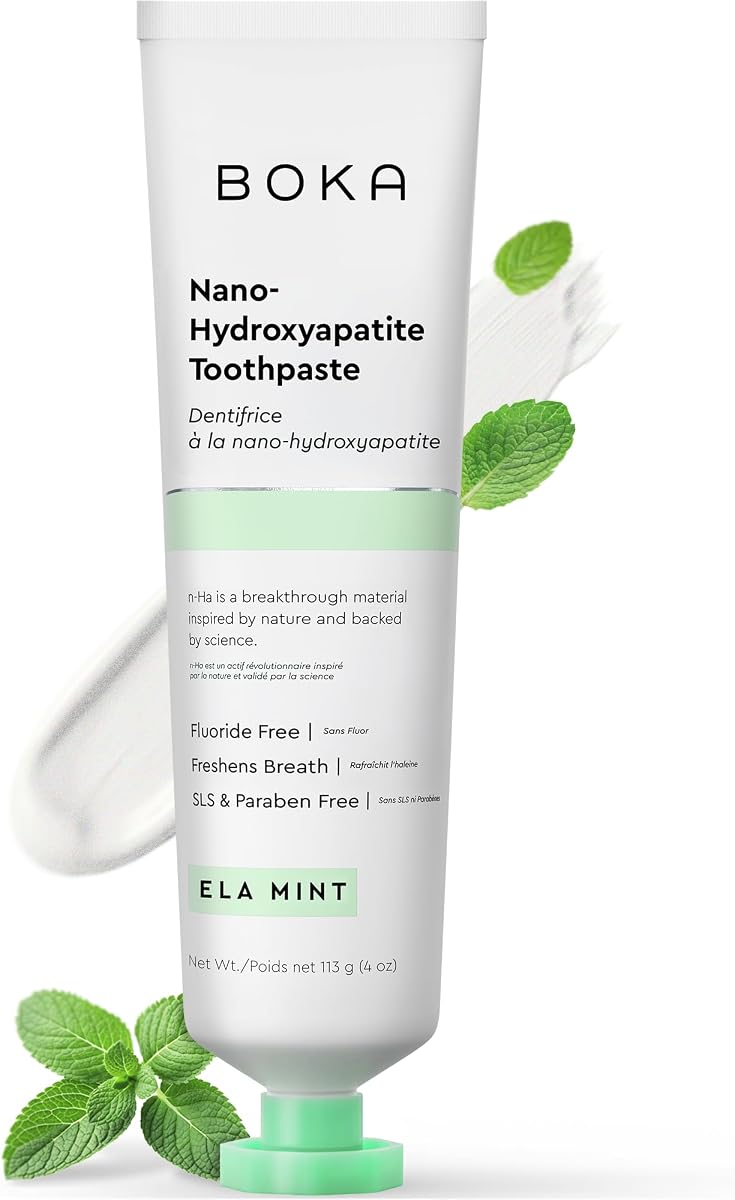 Pasta dental sin flúor Boka, pasta dental con nano hidroxiapatita, apropiada para dientes sensibles - para cuidado oral de adultos y niños - sabor a menta Ela, 4 onzas líquidas / 1