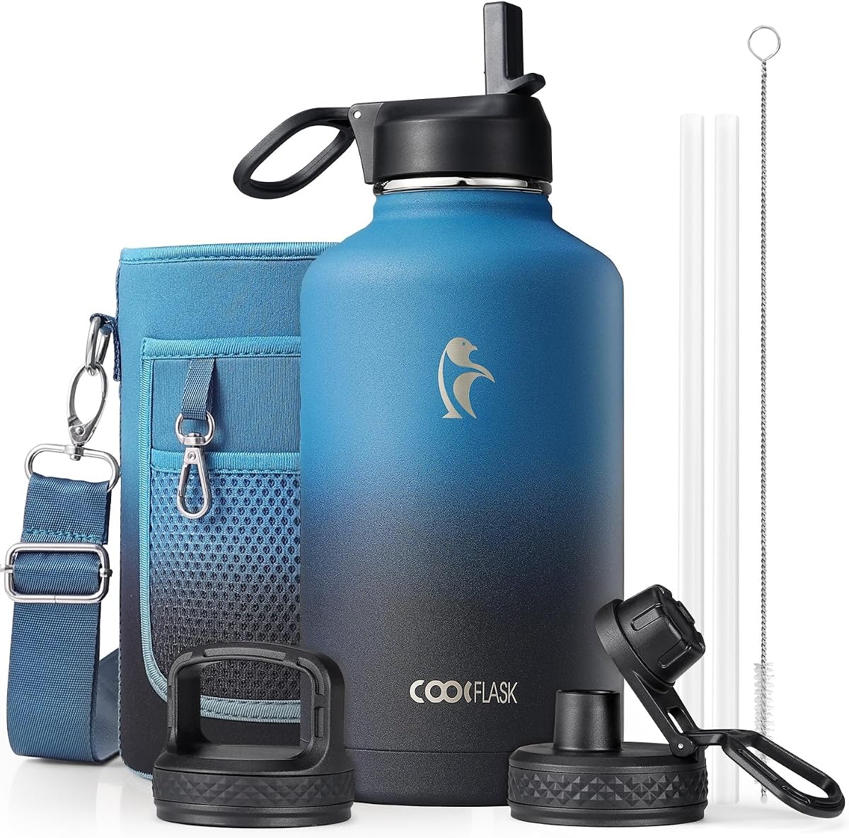 Coolflask - Botella de agua de 64 onzas aislada, con popote y 3 tapas, de acero inoxidable con boca ancha, libre de BPA, mantiene las bebidas frías 48 h y calientes por 24 h, cian