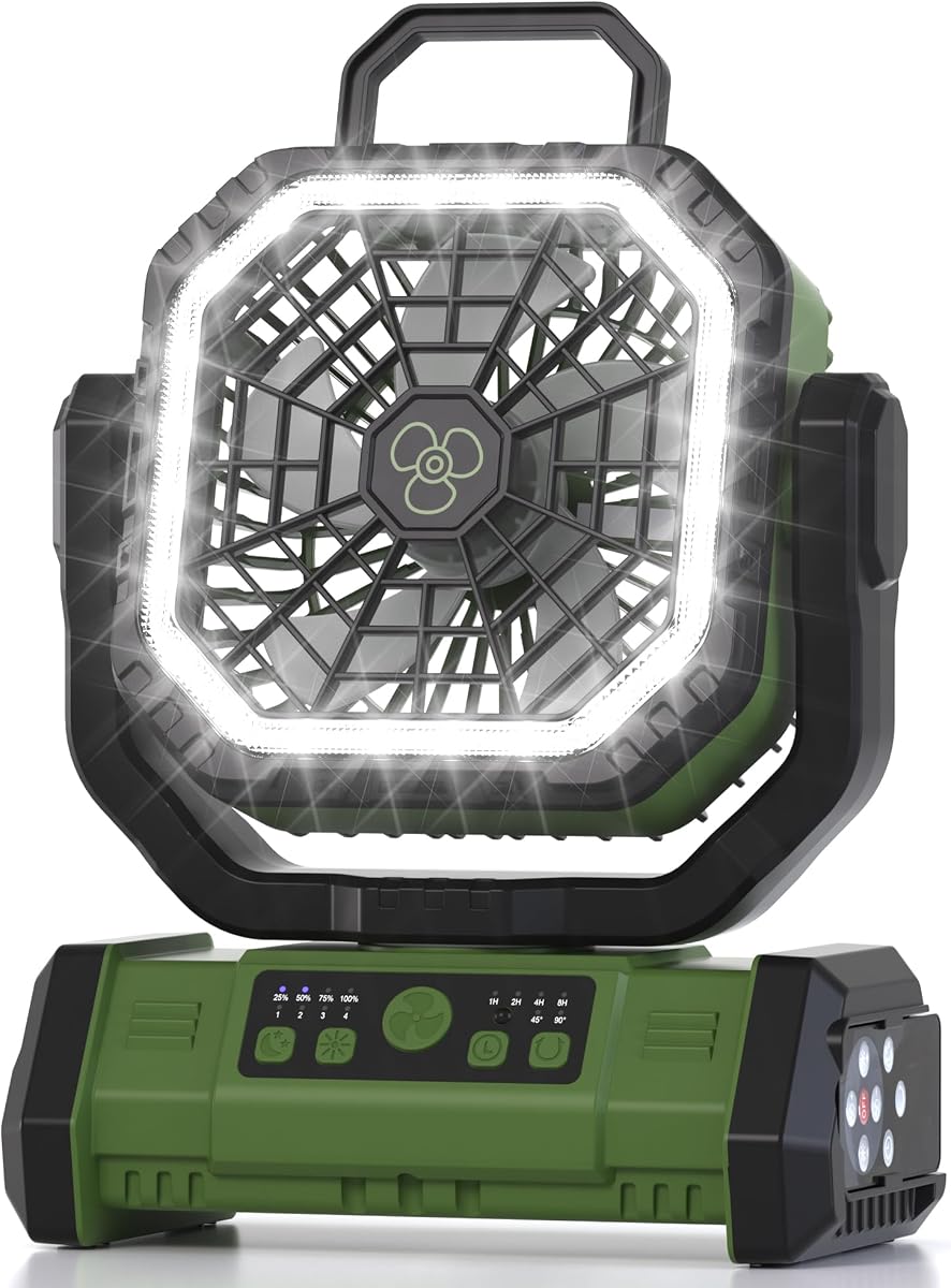Honesorn - Ventilador alimentado por batería de 20000 mAh con luz LED y control remoto, color verde - Up to 60H Runtime, 45°/90°Oscillating, Hanging Hook, 4 Speeds, 8H Timer, USB-C