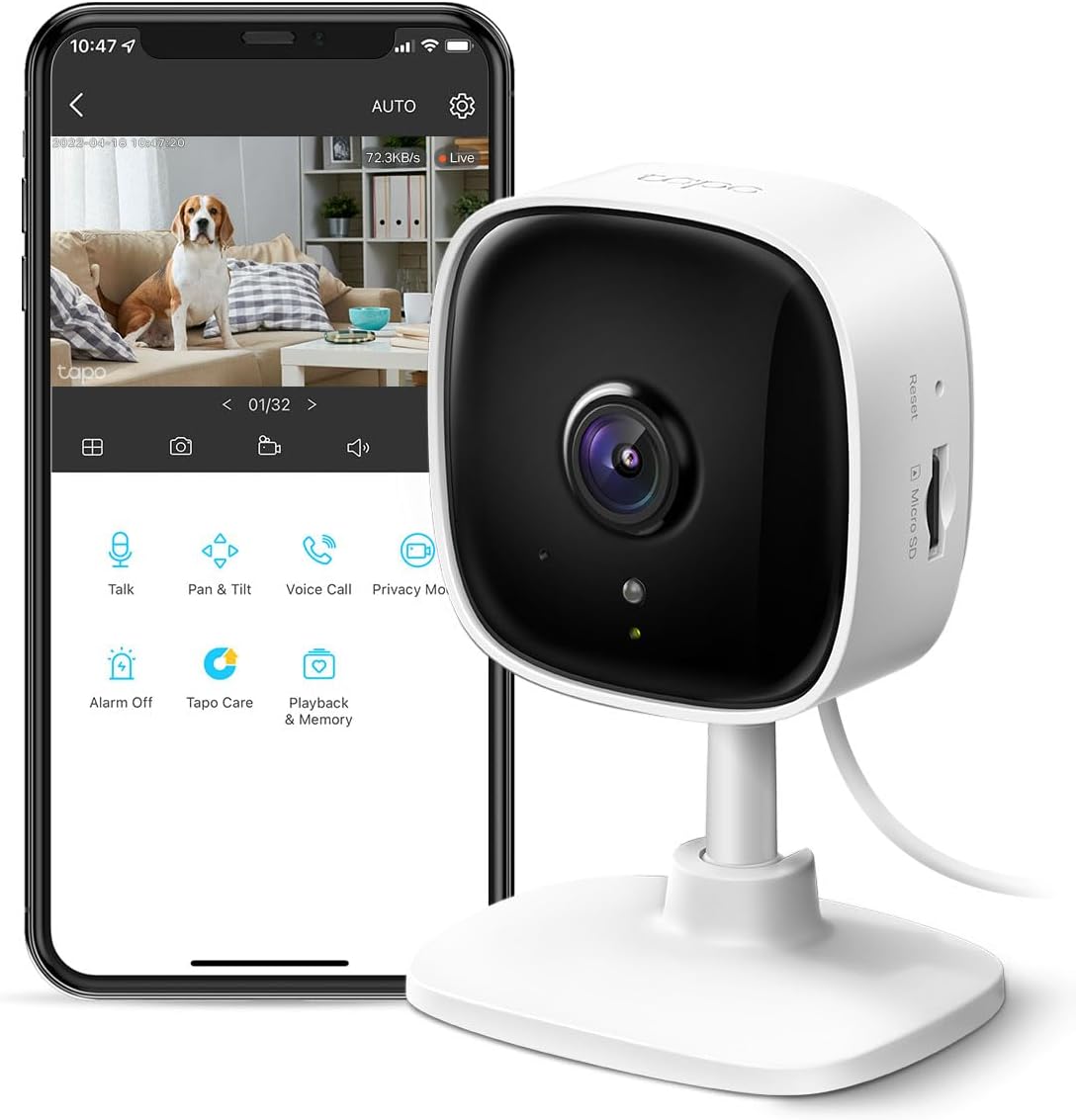TP-Link Tapo - Cámara de seguridad interior de 1080P para monitor de bebé, cámara para perros con detección de movimiento, sirena de audio bidireccional, visión nocturna, almacenam
