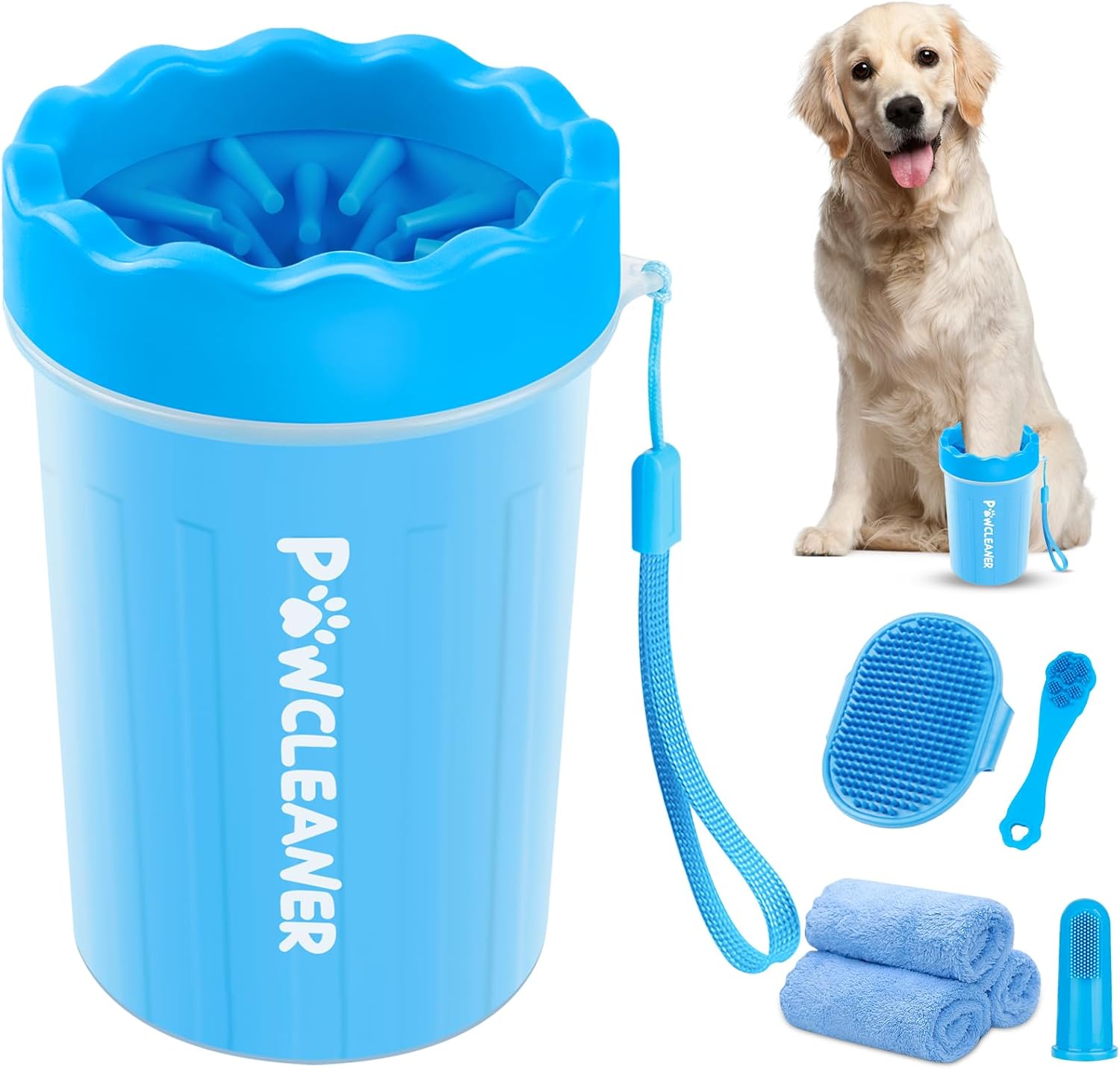 Limpiador profesional 7 en 1 de patas de perro para perros y gatos, incluye 1 lavadora de patas portátil, 1 cepillo de baño, 2 cepillos de dientes para perros y 3 toallas absorbent