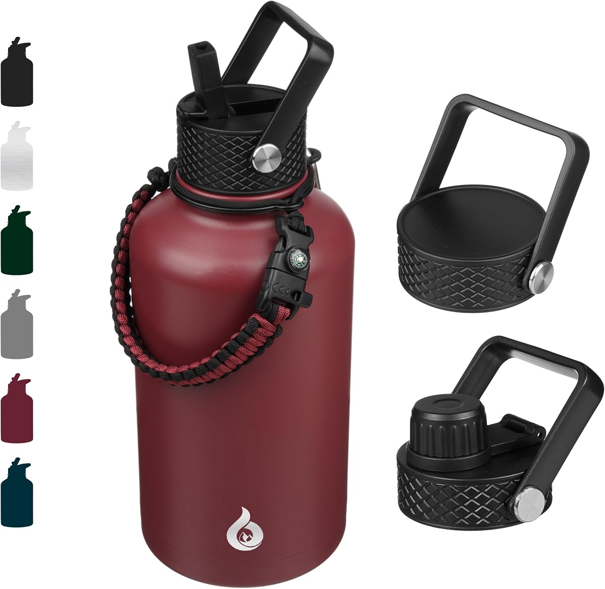 BJPKPK Botellas de agua aisladas de medio galón con tapa con popote, jarra de agua grande de 64 onzas, botellas de acero inoxidable con 3 tapas y asa de paracord, termo para líquid