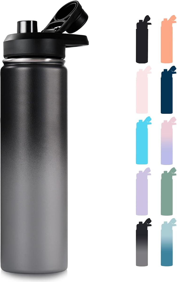 Fijinhom Botella de agua aislada de 24 onzas con asa, botellas de agua de acero inoxidable 304 con boca ancha, botella de agua deportiva al vacío de doble pared, sin BPA, mantiene