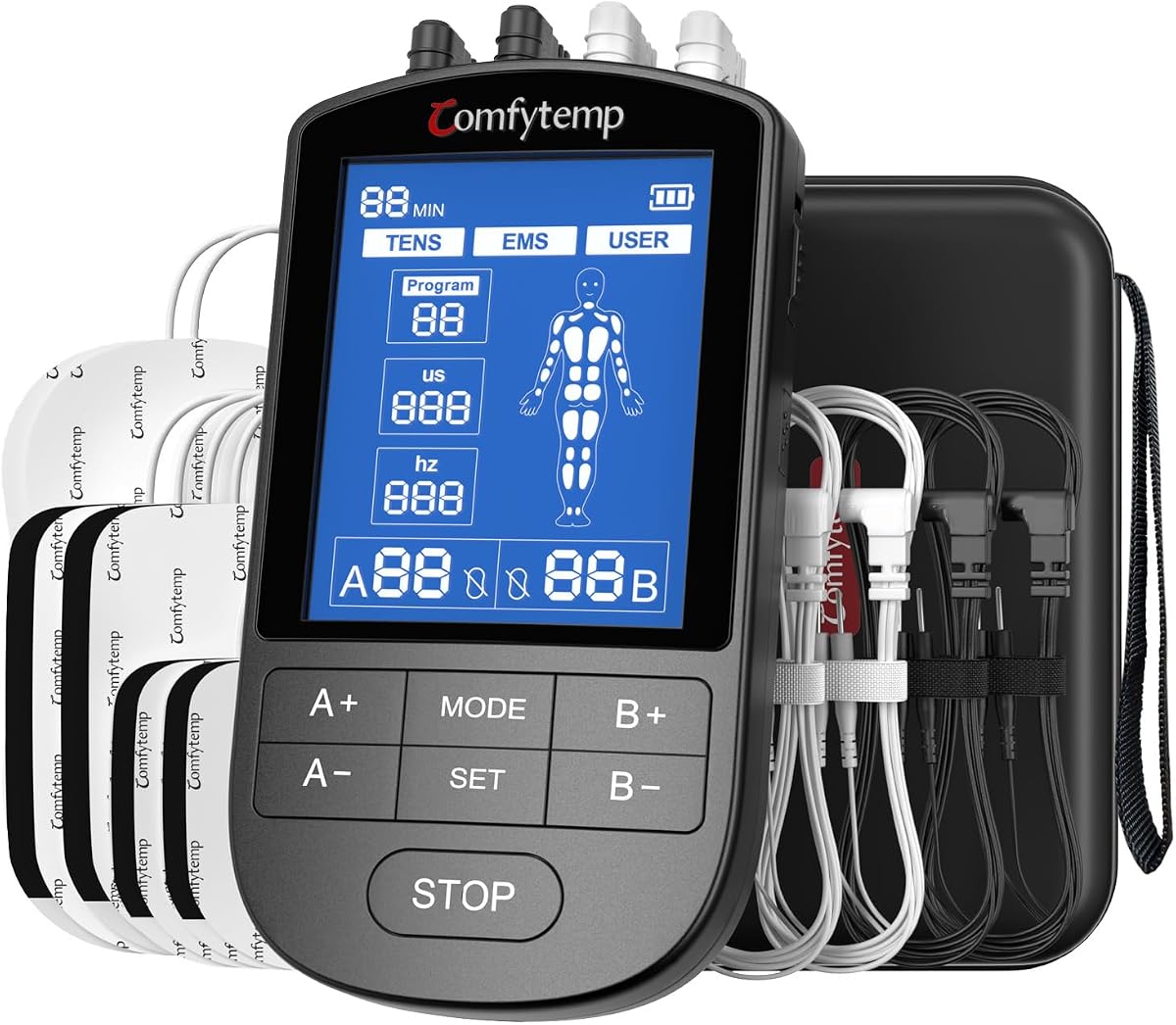 Unidad TENS Comfytemp de 4 salidas para ciática, cubre múltiples partes, recargable, estimulador muscular EMS y masaje TENS apto para FSA HSA, para alivio del dolor con 24 modos y