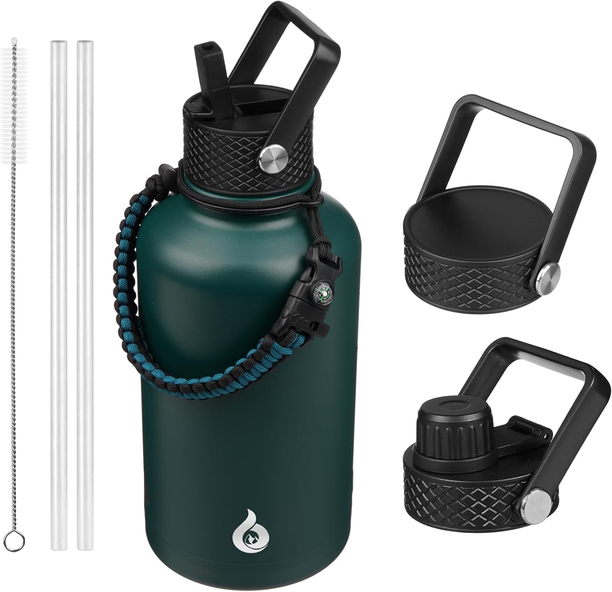 BJPKPK Botellas de agua aisladas de medio galón con tapa con pajita, jarra de agua grande de 64 oz, botellas de acero inoxidable con 3 tapas y asa de paracord, termo para líquidos
