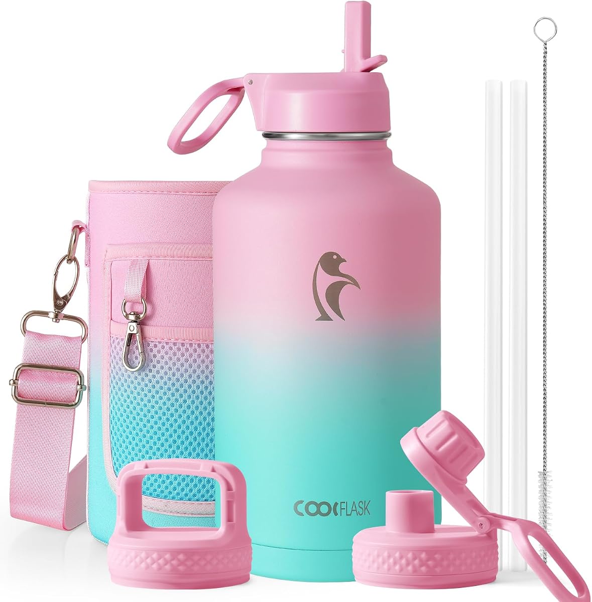 Coolflask botella de agua térmica de 64 onzas con tapa con popote y tapa con boca, botella de agua de medio galón con boca ancha, evita la condensación, sin bisfenol A, mantiene la