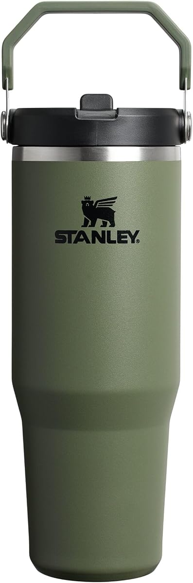 STANLEY IceFlow 2.0 - Vaso con pajilla abatible con asa, 30 onzas, tapa giratoria y popote abatible, botella de agua a prueba de fugas, acero inoxidable aislado, sin BPA, pino seco