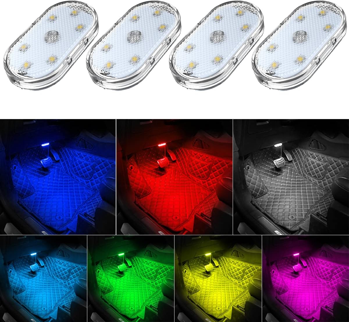 4 piezas luces LED inalámbricas para el interior del automóvil, luces interiores de 7 colores con 6 cuentas de lámpara LED brillantes, luz nocturna LED portátil recargable por USB