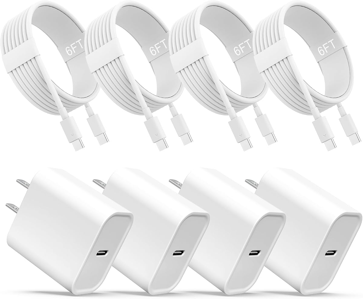 Cargador para iPhone 17, 16, 15, cargador USB C, 4 unidades de carga rápida de pared, bloque de cargadores USB-C (paquete de 4 cables de 6 pies incluidos) para iPhone 17/16/15/15 P