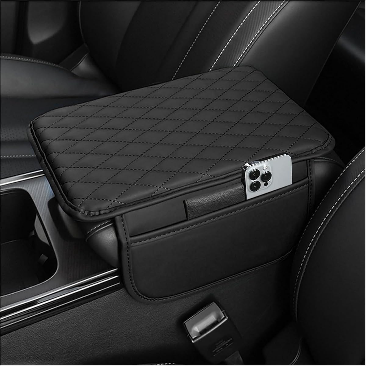 Funda mejorada para consola central de automóvil, funda de cuero de microfibra para reposabrazos de automóvil con 2 bolsas de almacenamiento, caja de almacenamiento para reposabraz