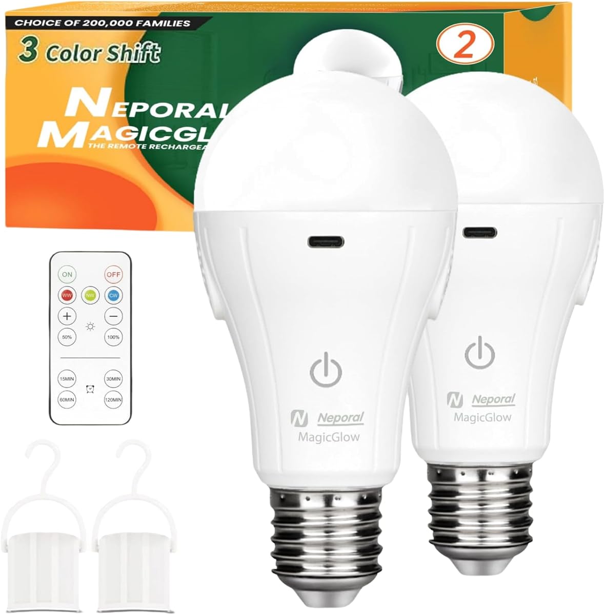 Neporal MagicGlow - Bombillas LED recargables con control remoto, cambio de 3 colores + bombillas de batería regulables, recargables por USB, bombillas LED de emergencia estándar A
