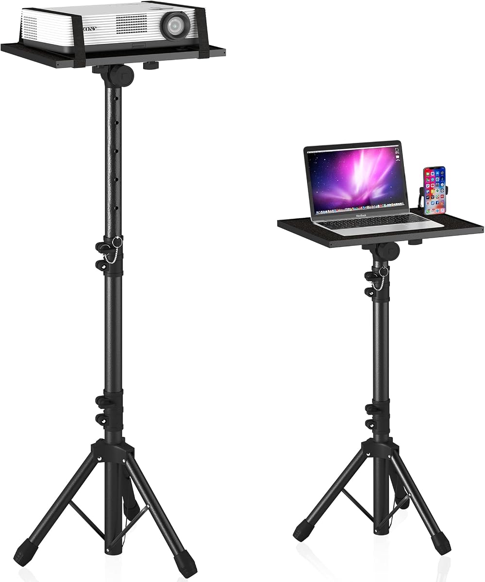 Trípode ajustable para proyector, altura de laptop de 23.5 a 46.5 pulgadas con soporte para teléfono de cuello de cisne, piso para oficina, hogar, escenario, estudio, soporte para
