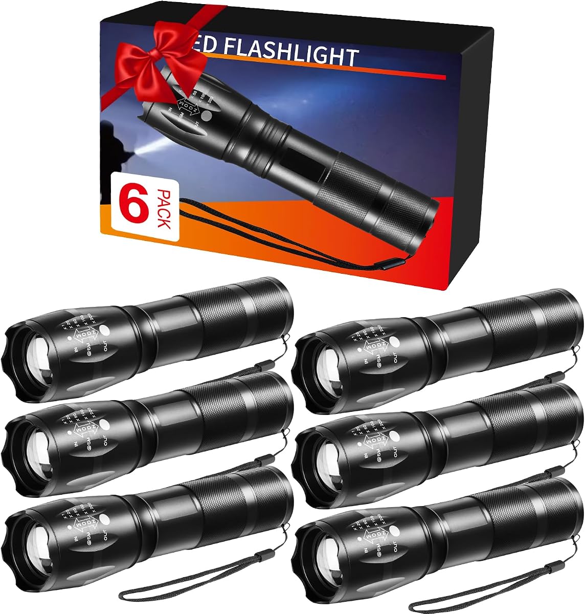 Paquete de 6 linternas LED de alto lumen, linterna táctica de 5 modos para el hogar, linternas pequeñas potentes, linterna de bolsillo alimentada por batería, luz de antorcha ajust