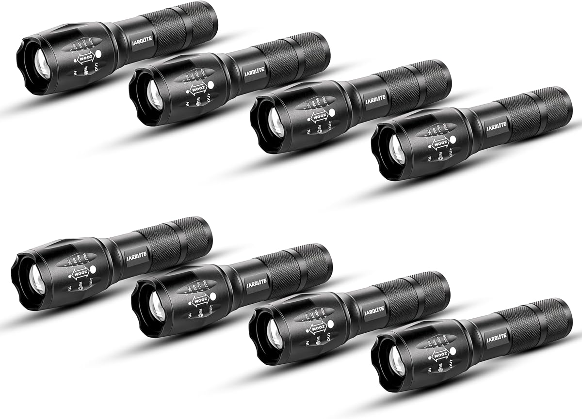 JARDLITE Paquete de 8 linternas LED de emergencia de mano, con enfoque ajustable, resistente al agua con 5 modos, la mejor linterna táctica para huracanes, camping, paseo del perro