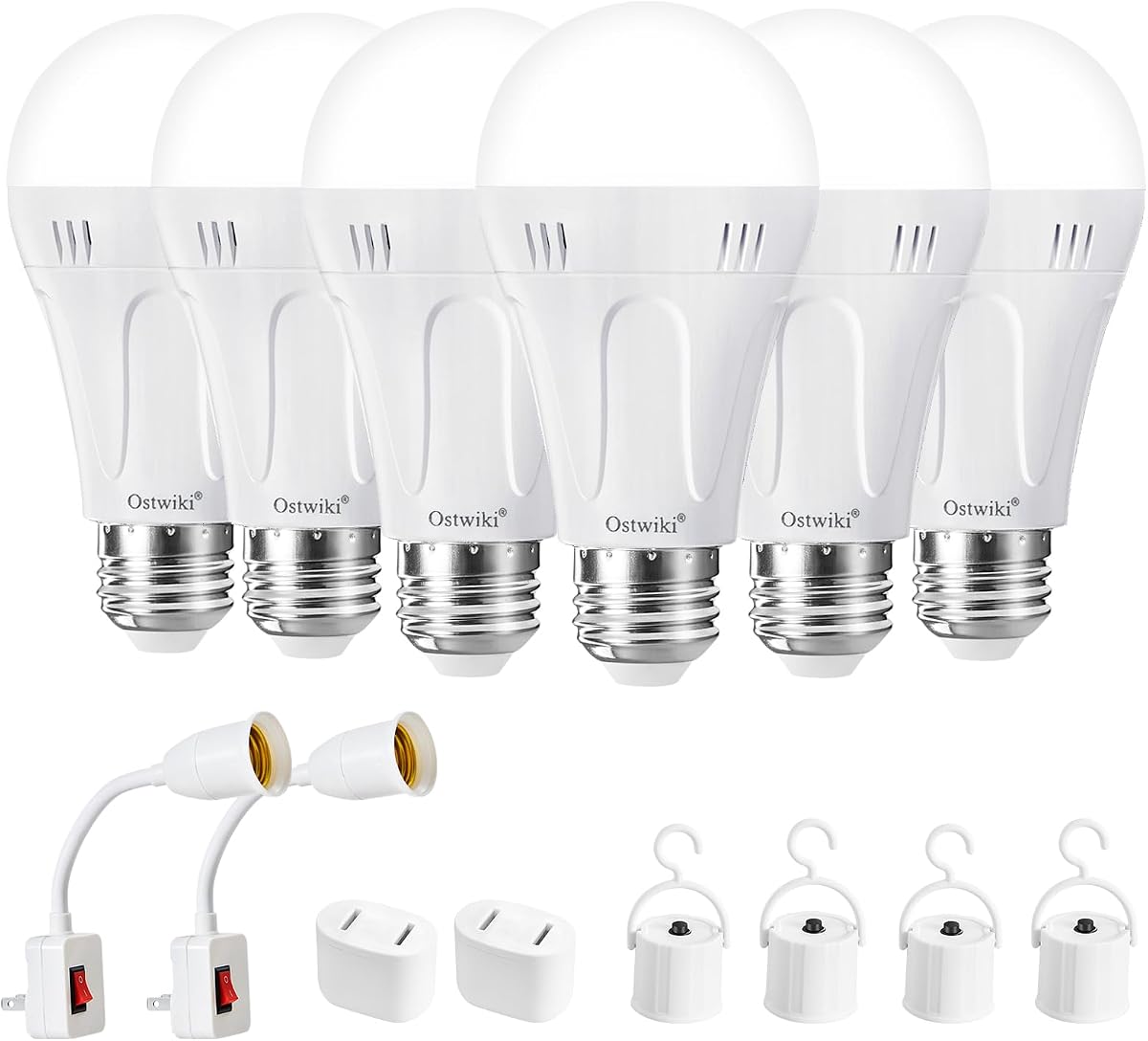 Ostwiki - Paquete de 6 bombillas recargables A19, 6500 K, luz diurna para lámparas - Bombillas de emergencia 9W E26 para el huracán de corte de energía, iluminación LED de reserva