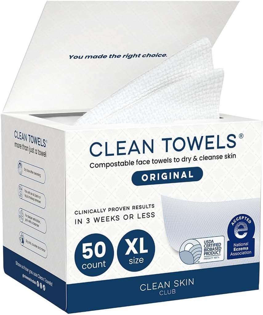 Clean Skin Club Clean Towels XL®, toalla facial 100% USDA Biobased, toalla facial desechable, aceptada por Eczema Association, toallitas secas removedoras de maquillaje, ultra suav